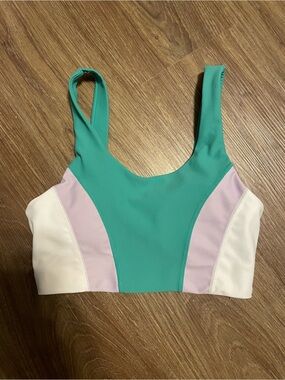 WILO Ribbed Colorblock Scoop Neck Sports Bra - Teal, Lavender & White
